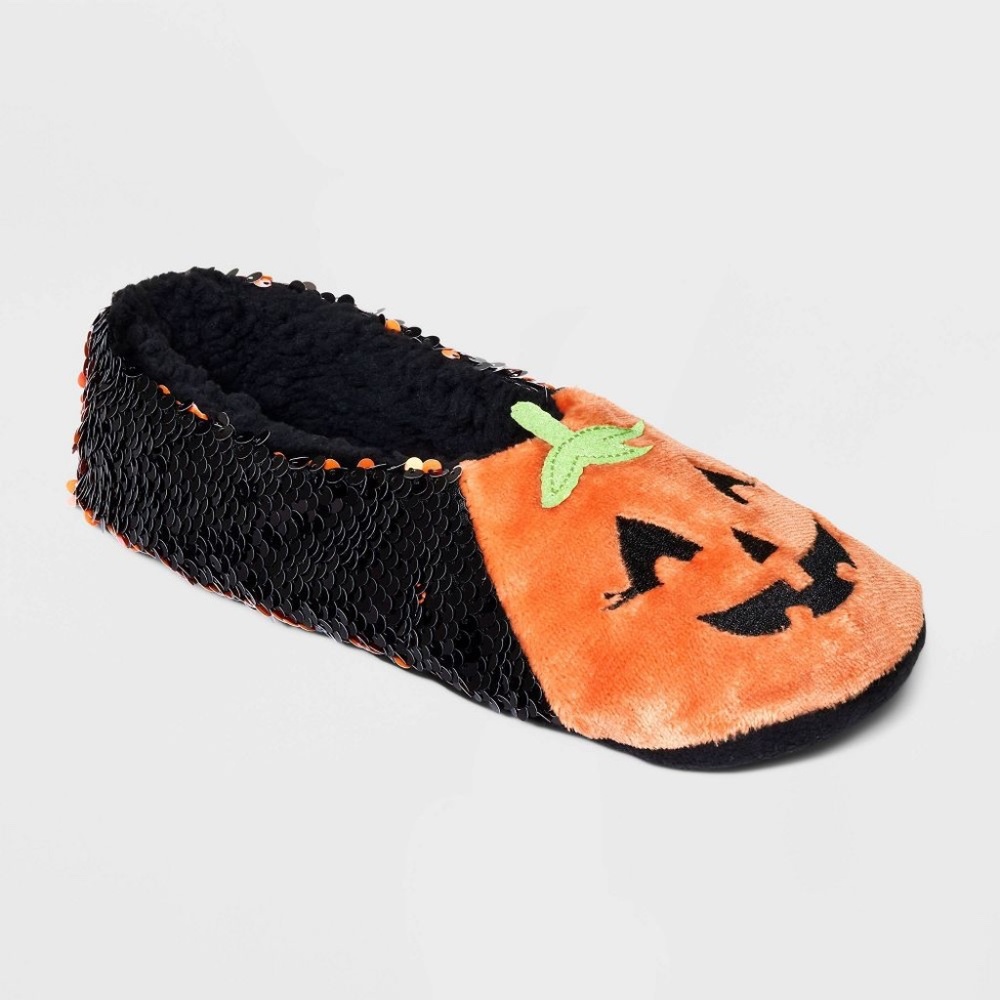 Women's Pumpkin Flip Sequin Pull-On Slipper Socks with Grippers S/M or M/L NWT
